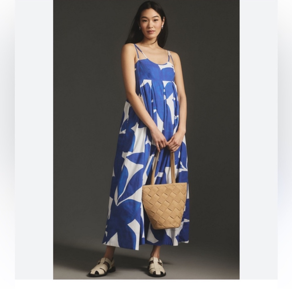 Anthropologie Royal Blue And White Abstract Maxi Dress